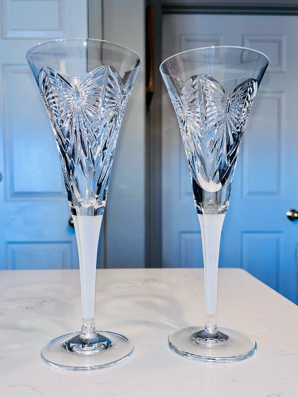 Waterford Millennium Series "Happiness" Champagne Flute Set of 2 Frosted Stem 9”